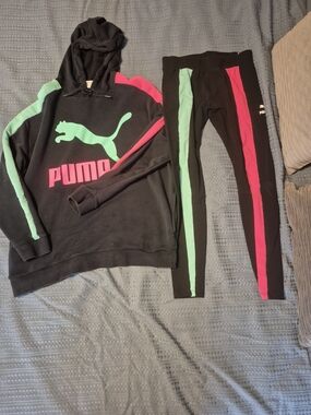 Puma Black Hoodie and Leggings Set with Mint Green and Hot Pink Accents